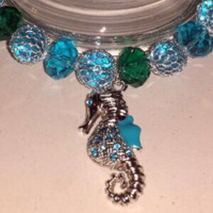 TDD Custom Made One Size Fits Most Aqua Faceted Glass Seahorse Charm Bracelet